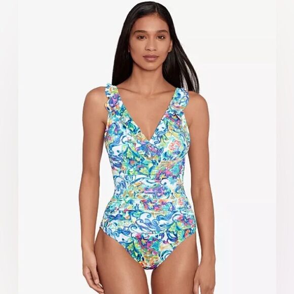 LAUREN RALPH Women's Printed Ruffle Surplice Underwire One-Piece Swimsuit size 8 - Picture 1 of 11